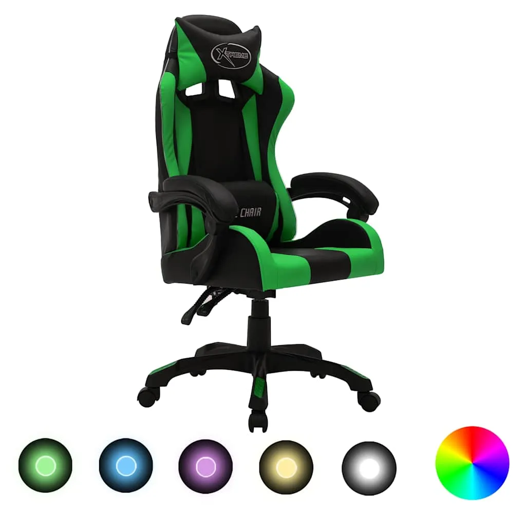 vidaXL Igraća stolica s RGB LED svjetlima zeleno-crna od umjetne kože - Venlo