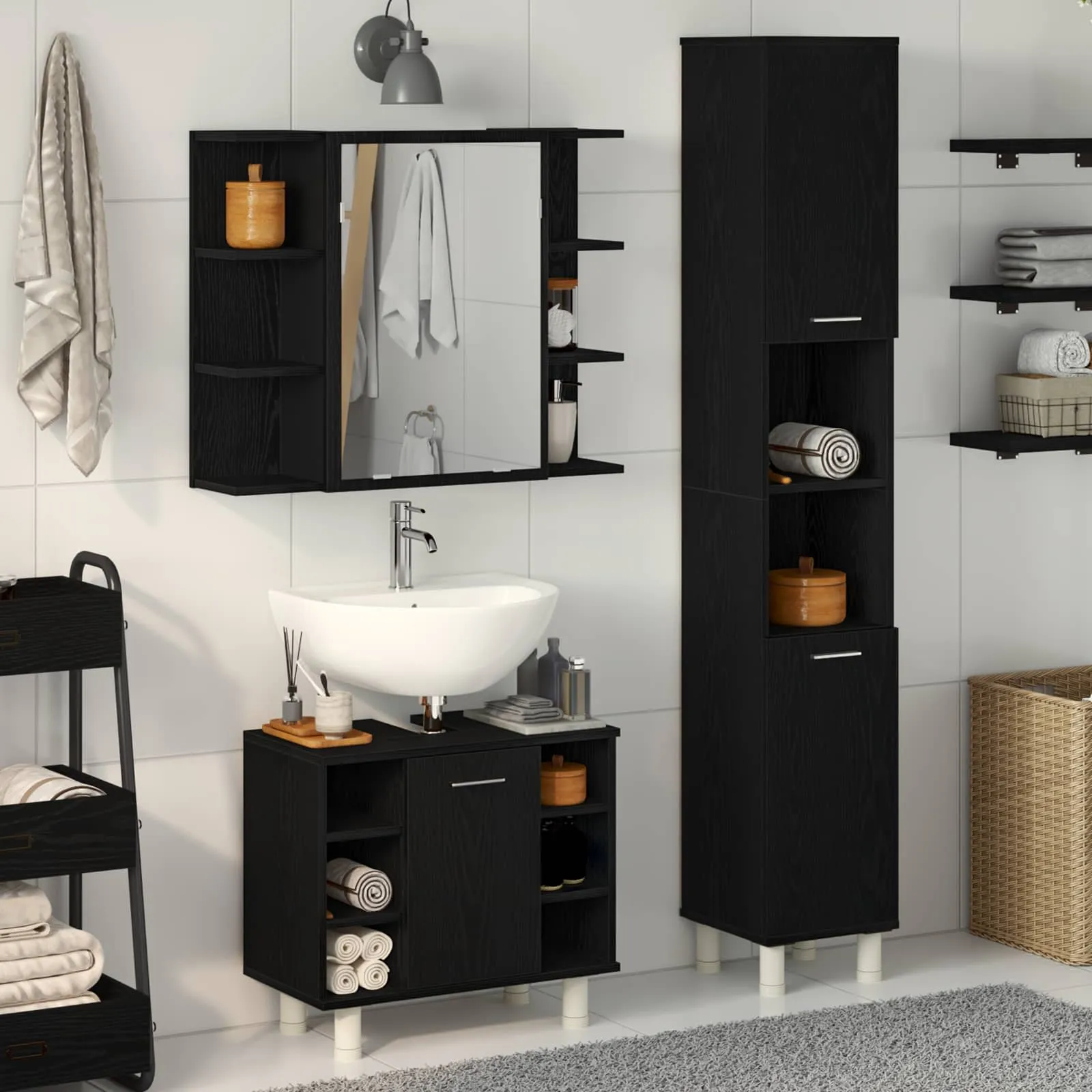 vidaXL Set namještaja za kupaonicu 3 kom. Crna 30 x 30 x 179,5 cm - Venlo