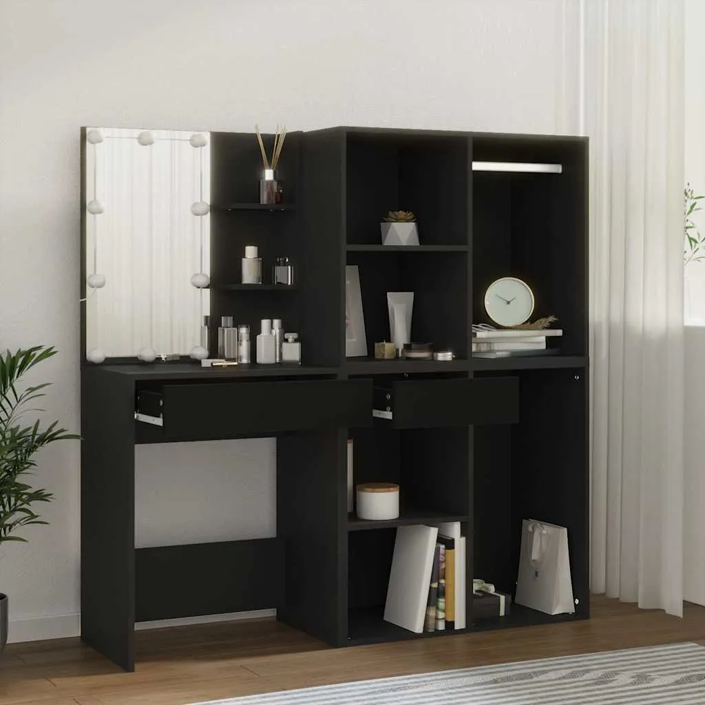 vidaXL LED toaletni stolić s ormarićima crni od konstruiranog drva - Venlo