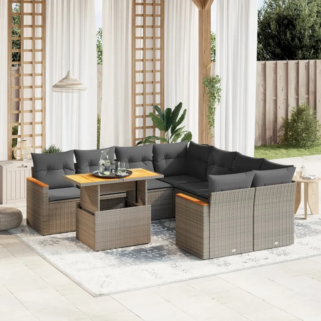 vidaxl 9-dijelni set vrtnih sofa od poliratana s jastucima sivi - slika 1