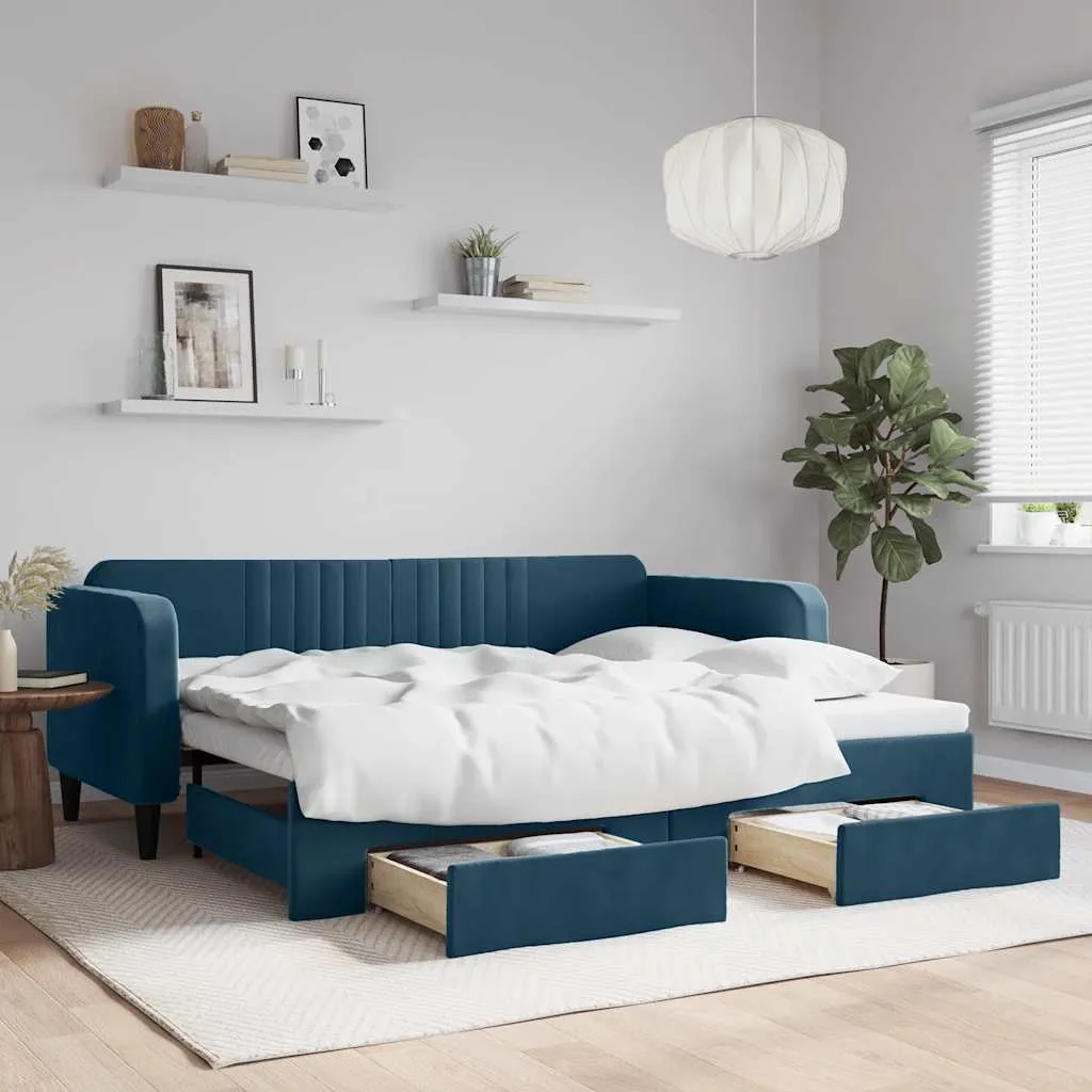 vidaXL Dnevni krevet na razvlačenje s ladicama plavi 90x200 cm baršun - Venlo