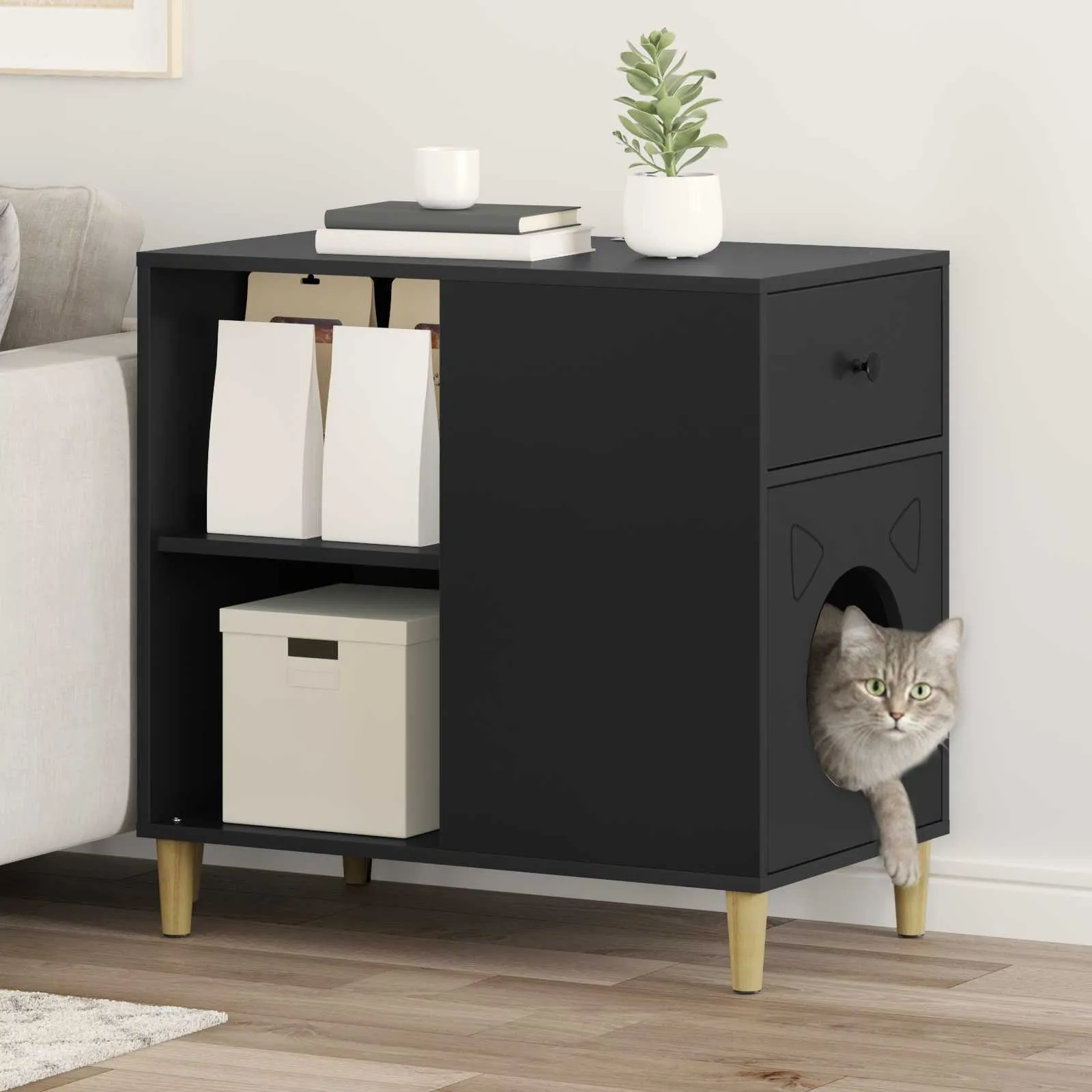 vidaxl mačja kuća crna 72 x 42,5 x 70 cm konstruirano drvo - slika 1