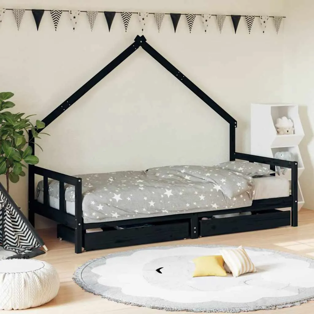 vidaXL Okvir za dječji krevet s ladicama crni 90 x 200 cm od borovine - Venlo