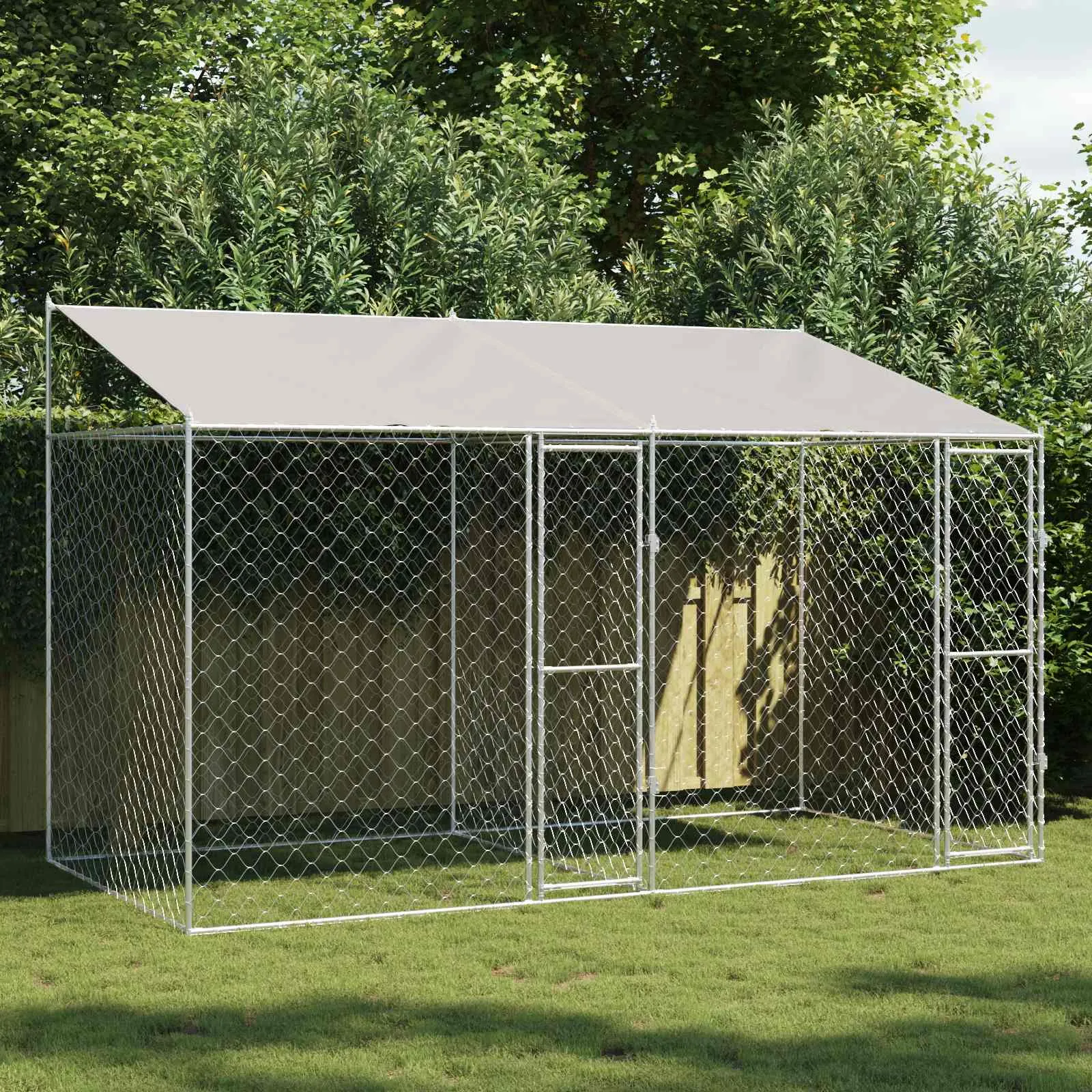 vidaXL Kavez za psa s krovom Srebrna 400 x 200 x 256 cm Čelik i PE - Venlo