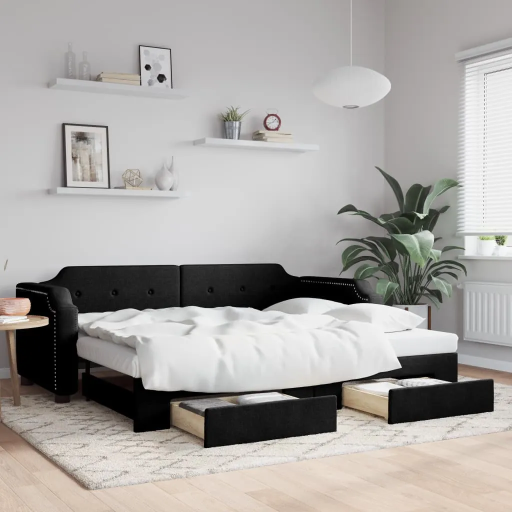 vidaXL Dnevni krevet na razvlačenje s ladicama crni 100x200 cm tkanina - Venlo
