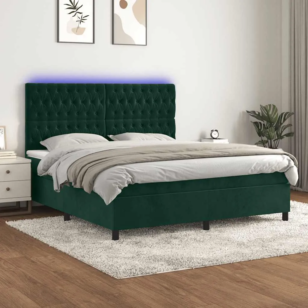 vidaXL Krevet box spring s madracem LED tamnozeleni 180x200 cm baršun - Venlo
