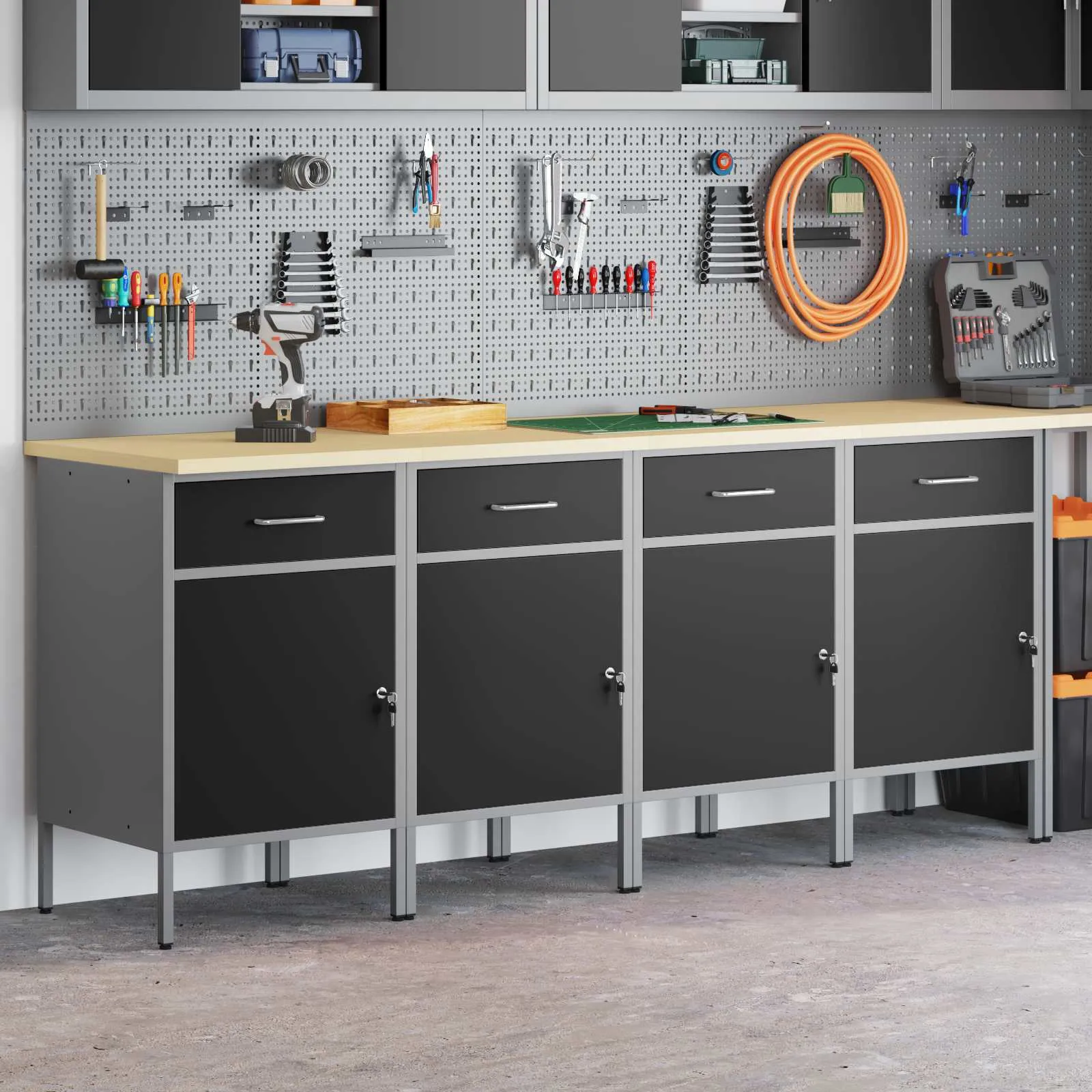 vidaXL Radni ormar s ladicama 4 kom. Crna i Siva 200 x 55 x 85 cm - Venlo