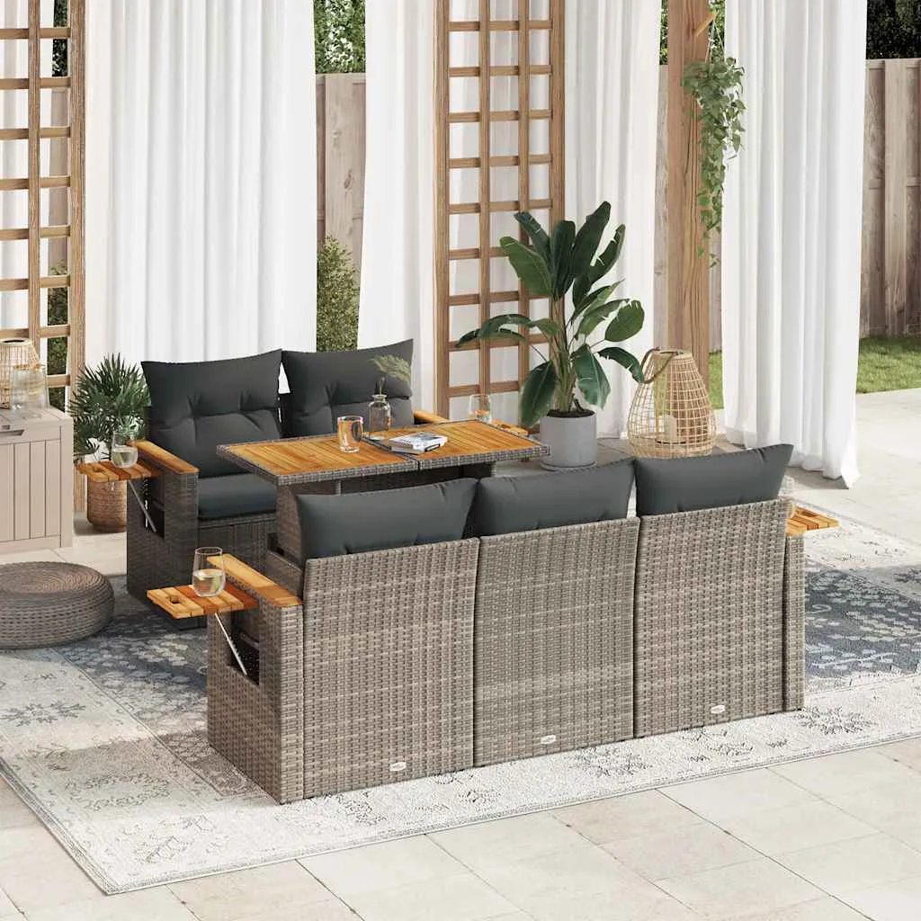 vidaxl 6-dijelni set vrtnih sofa poliratan i bagrem s jastucima sivi - slika 1