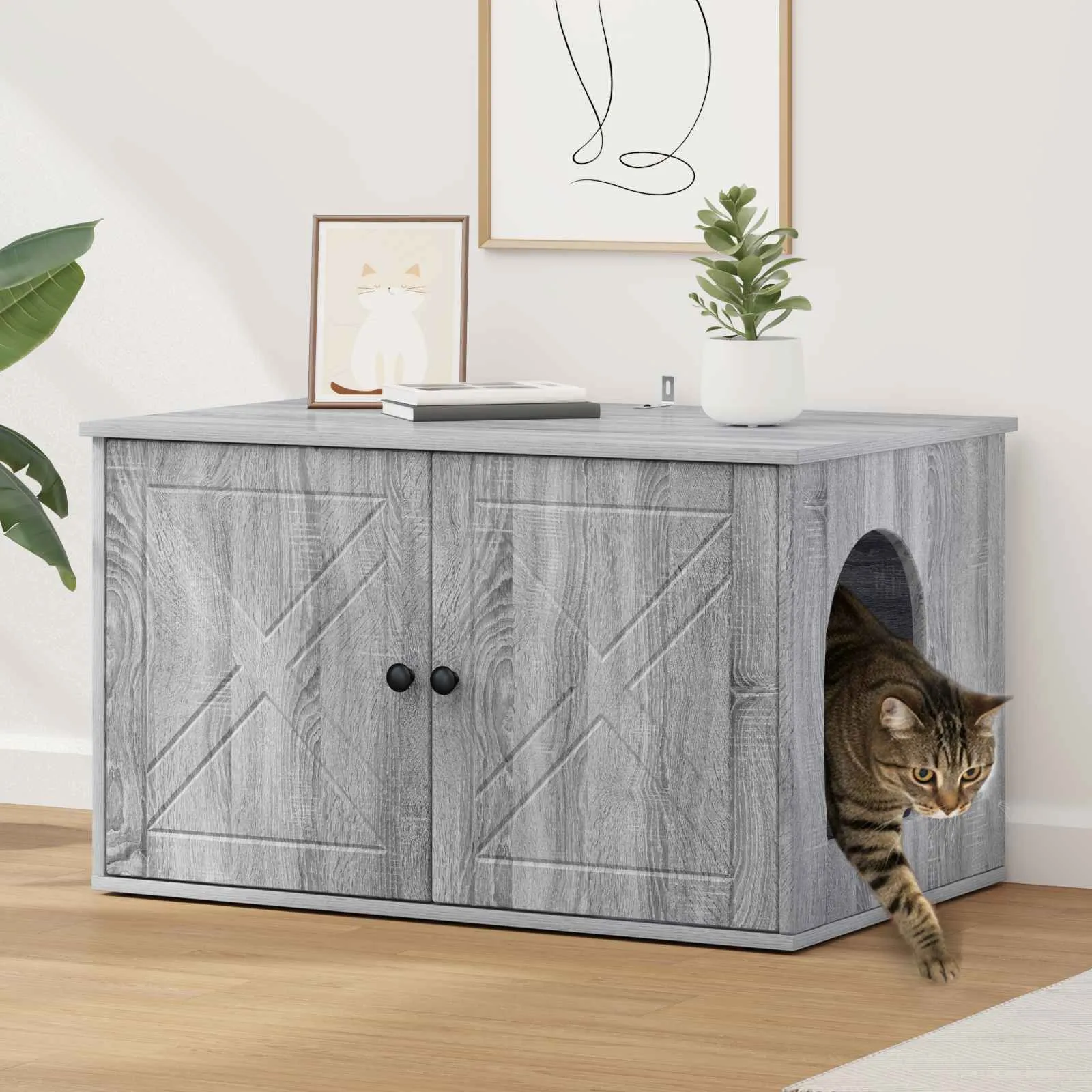 vidaxl mačja kuća siva sonoma 85 x 55 x 50,5 cm konstruirano drvo - slika 1