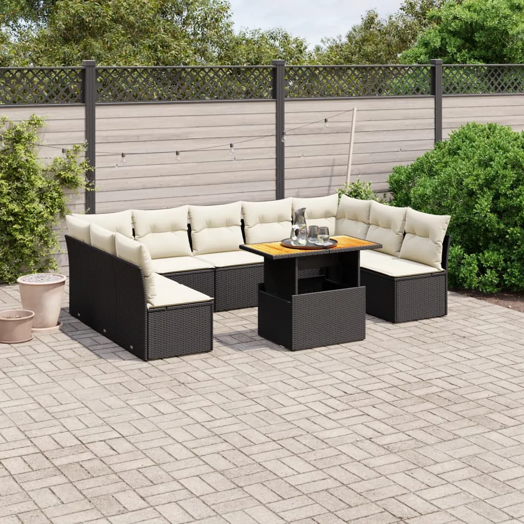 vidaxl 10-dijelni set vrtnih sofa s jastucima crni od poliratana - slika 1