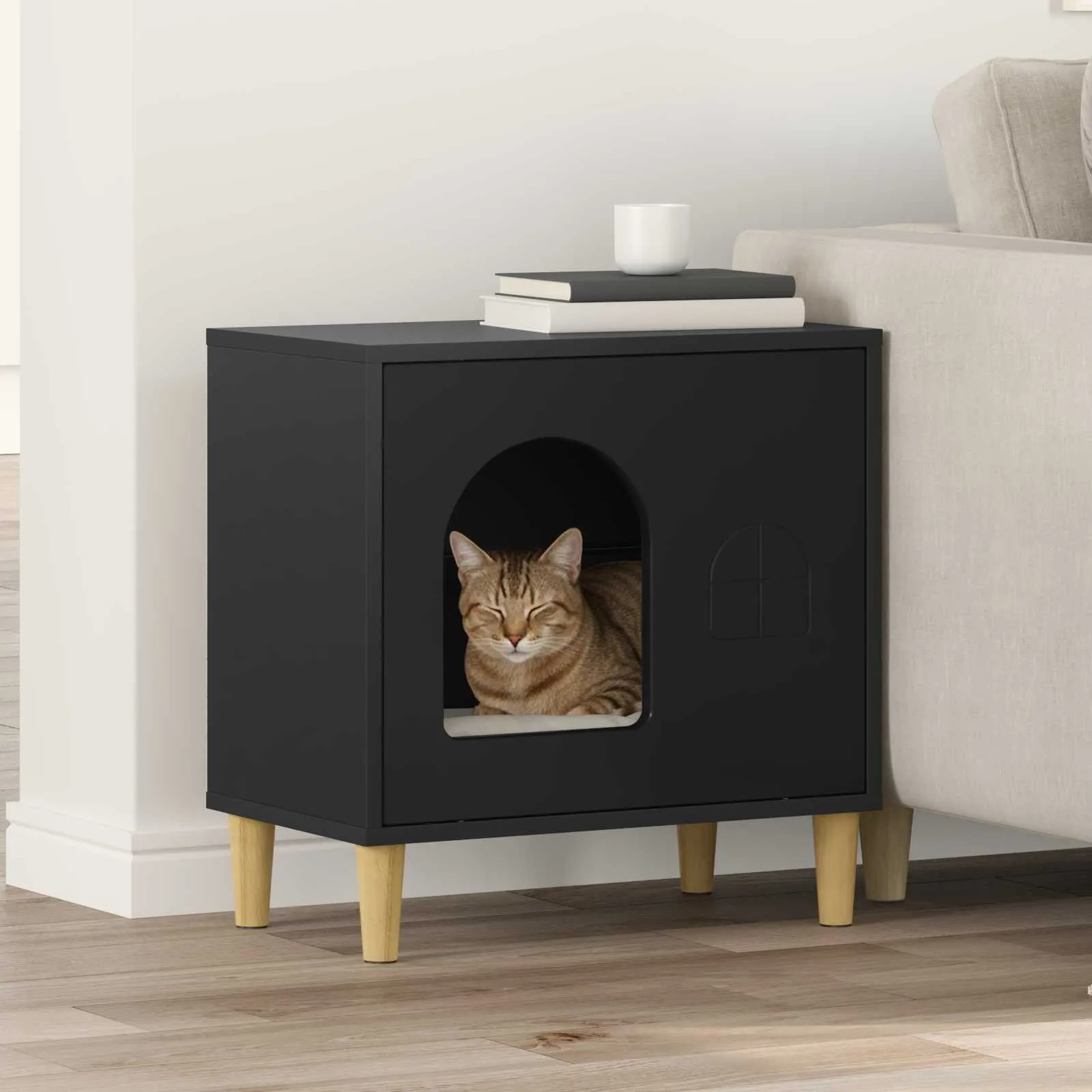 vidaxl mačja kuća crna 51 x 30 x 52 cm konstruirano drvo - slika 1