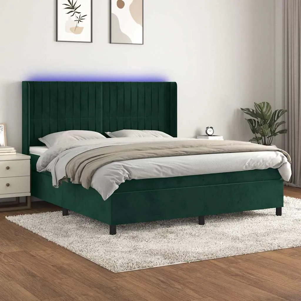 vidaXL Krevet box spring s madracem LED tamnozeleni 180x200 cm baršun - Venlo