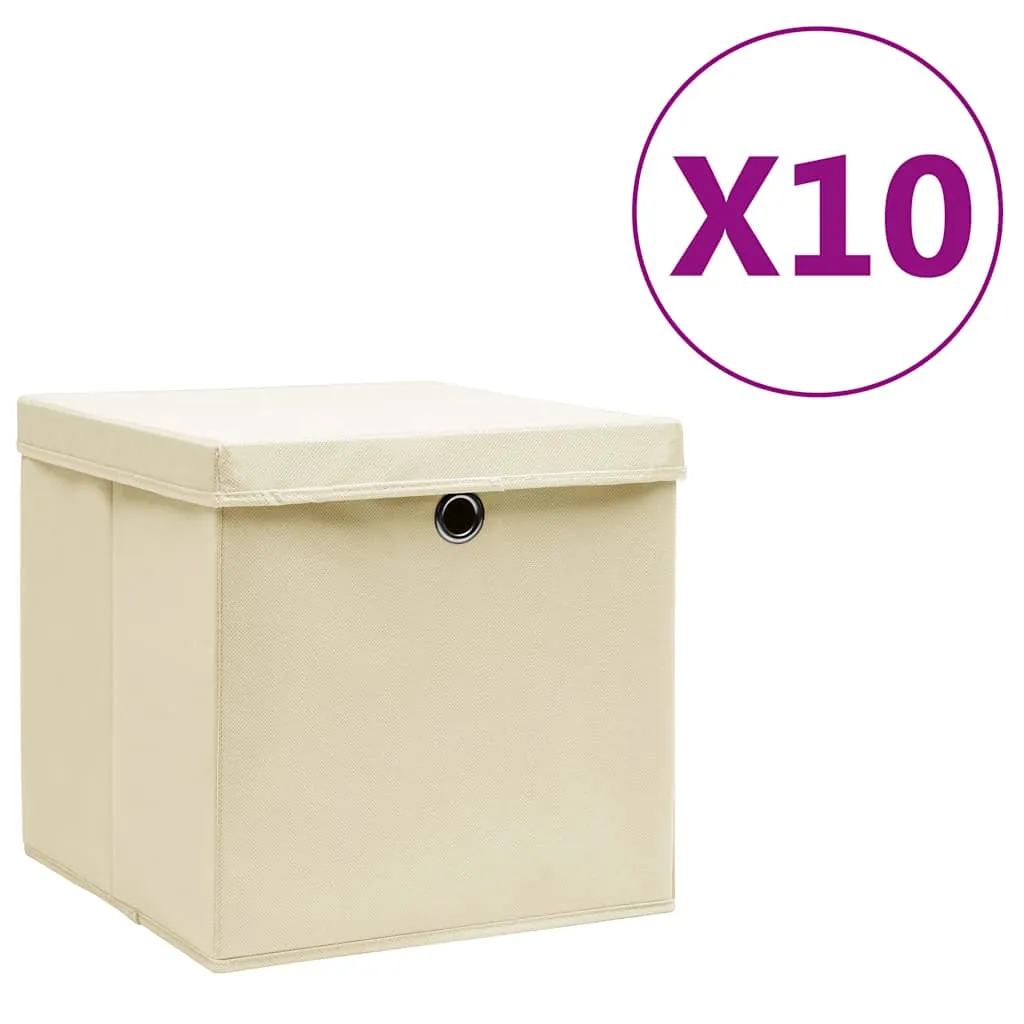vidaXL Kutije za pohranu s poklopcima 10 kom 28 x 28 x 28 cm krem - Venlo