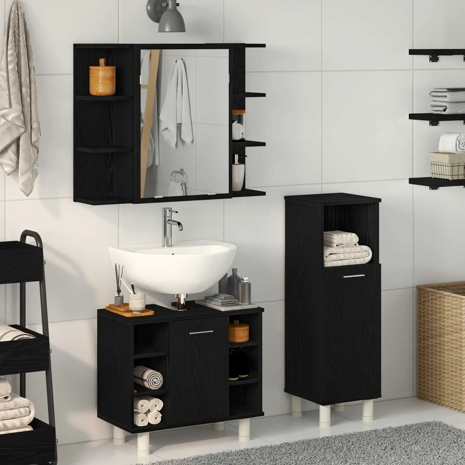 vidaXL Set namještaja za kupaonicu 3 kom. Crna 30 x 30 x 99,5 cm - Venlo