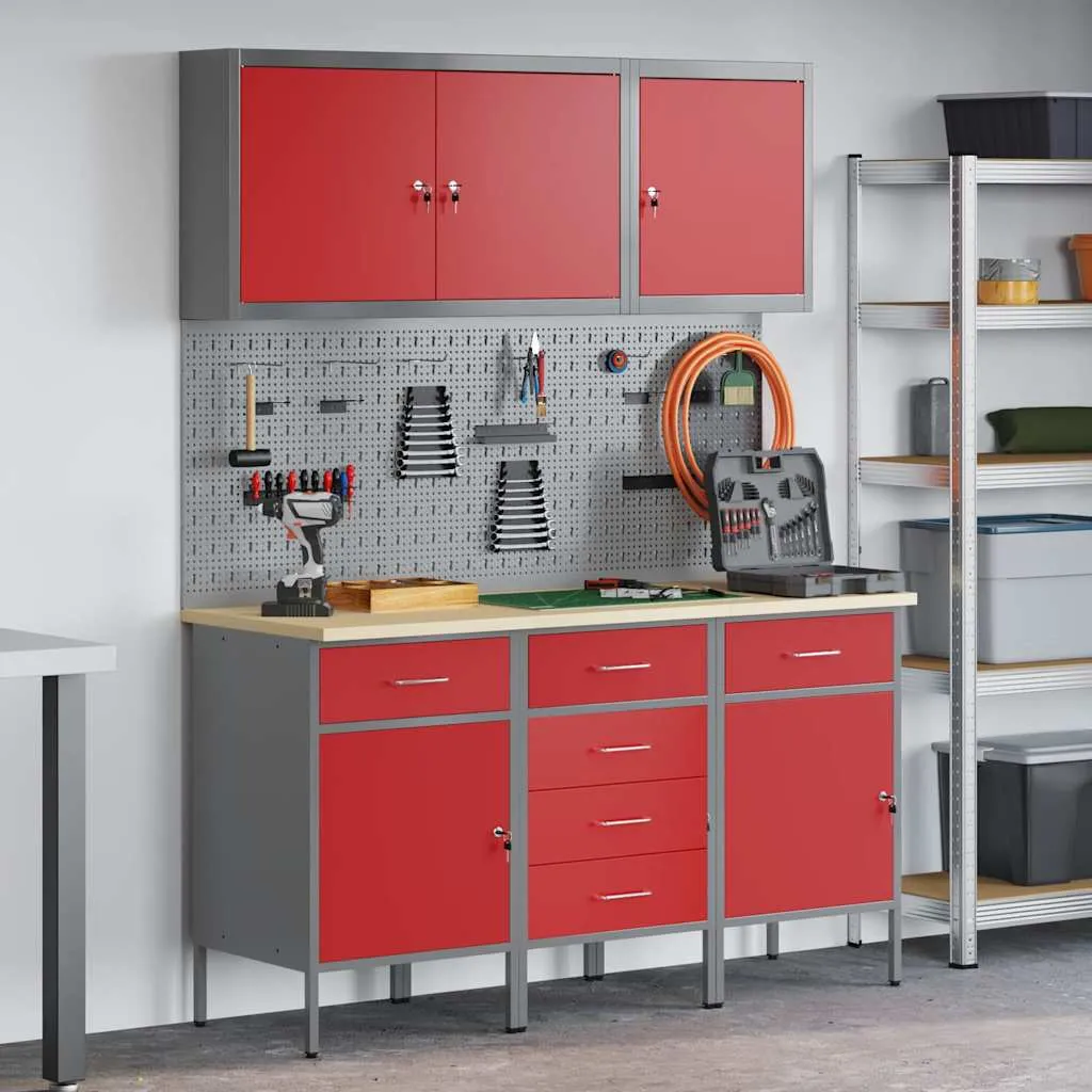vidaXL Radni ormar s ladicama 8 kom. Crvena Inženjerska drva i čelik - Venlo