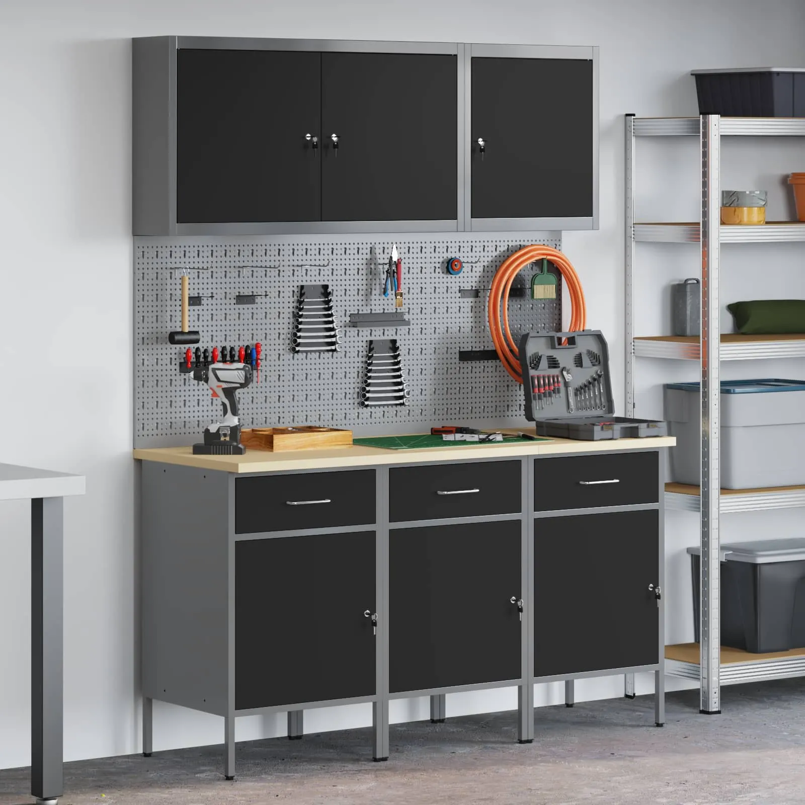 vidaXL Radni ormar s ladicama 8 kom. Crna Inženjerska drva i čelik - Venlo