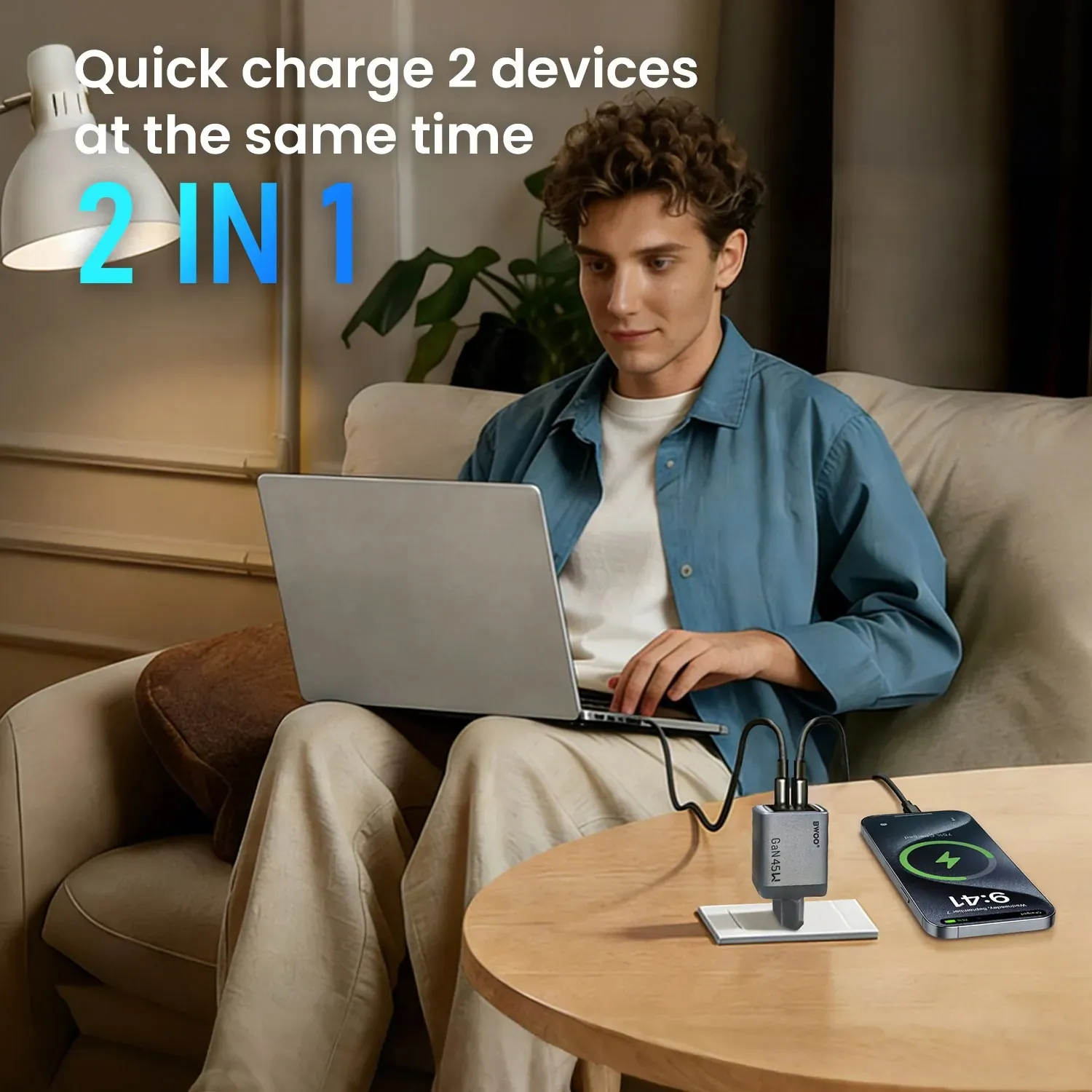 bwoo ganex 45w gan zidni punjač s dva usb-c priključka-otporan na vatru,plamen - slika 2