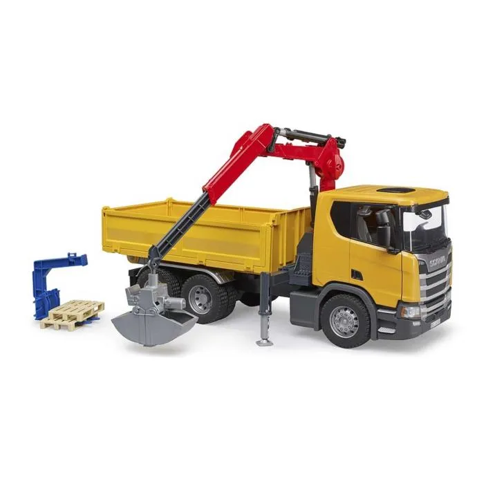 bruder kamion za gradilište scania super 560r sa kranom i 2 palete - slika 2
