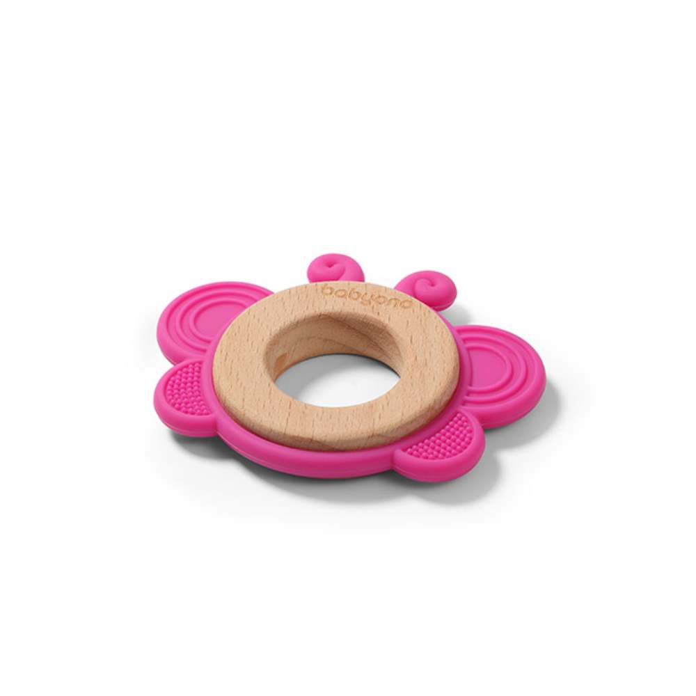 babyono silikonsko drvena grickalica za zube leptir, roza - slika 1