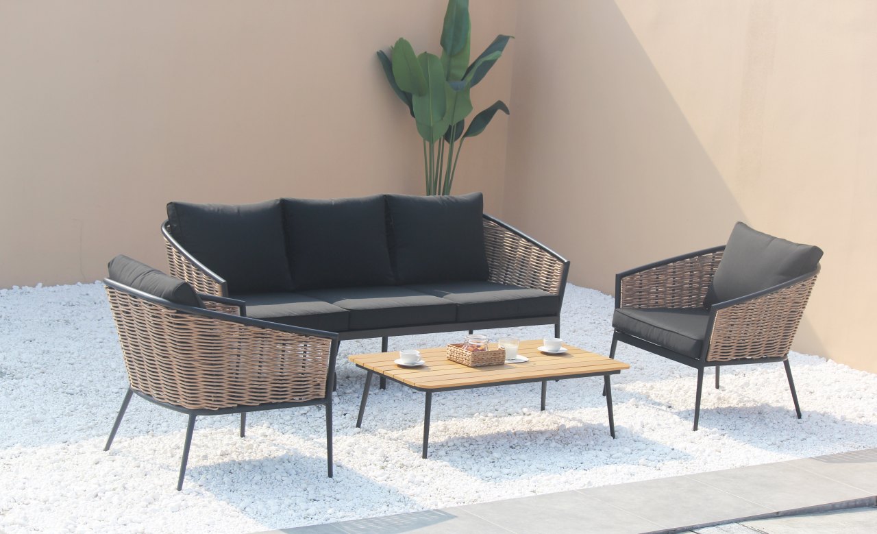 aluminijski vrtni namještaj - sofa + dvije fotelje + stol - crno/smeđi - slika 1