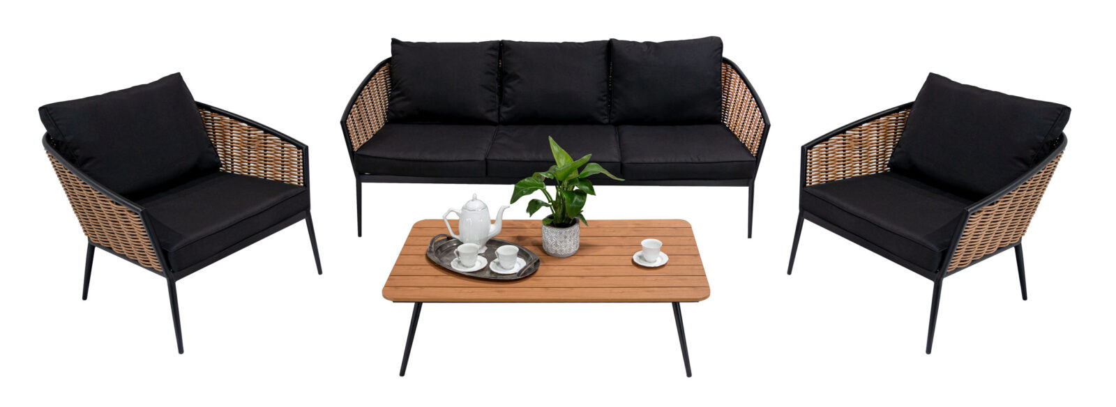 aluminijski vrtni namještaj - sofa + dvije fotelje + stol - crno/smeđi - slika 2