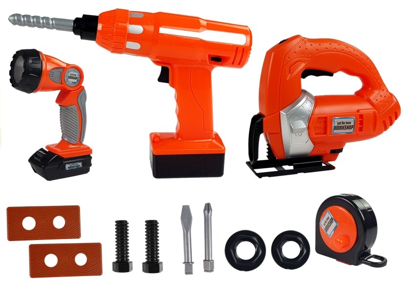 set alata za djecu s bušilicom flashlight - 12 elemenata - narančasti - slika 2