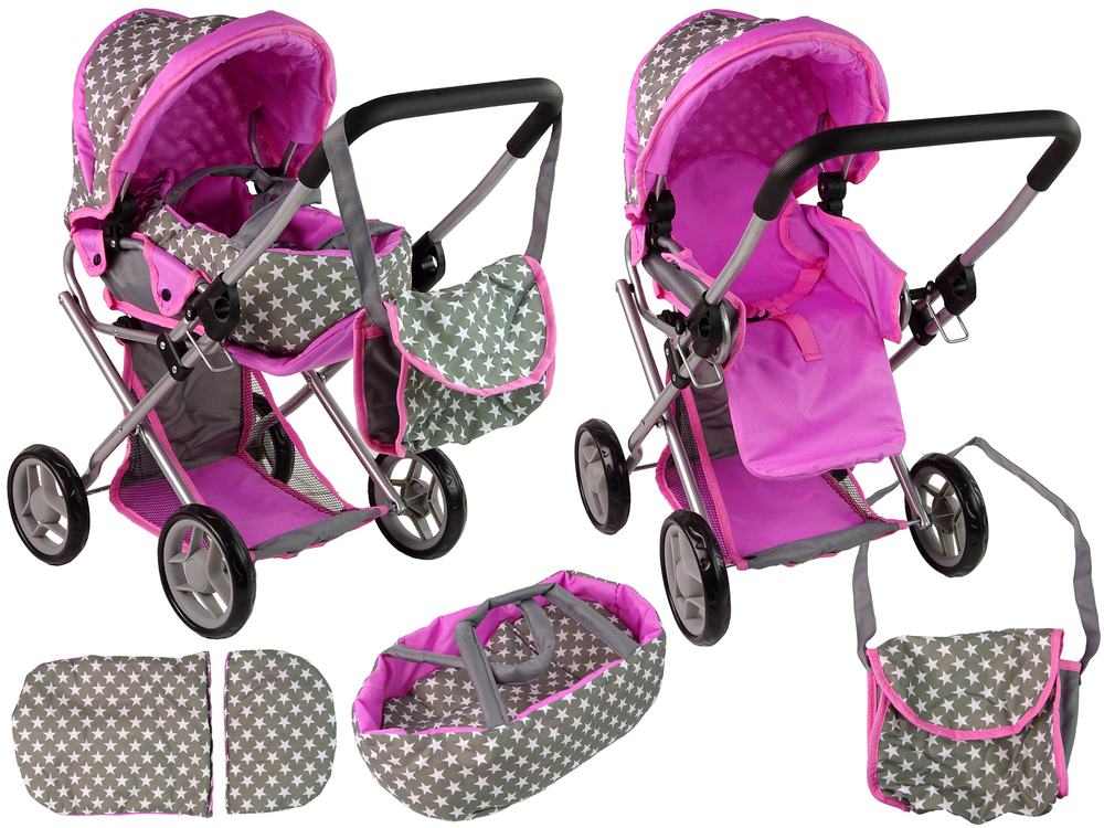 kolica za lutku 2u1 pink stars - sivo/roza - slika 1