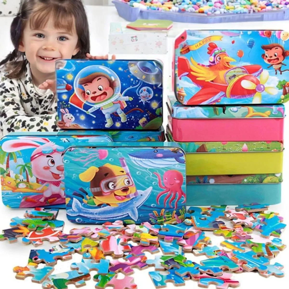 drvene puzzle u metalnoj kutiji (70 komada) promo - slika 4