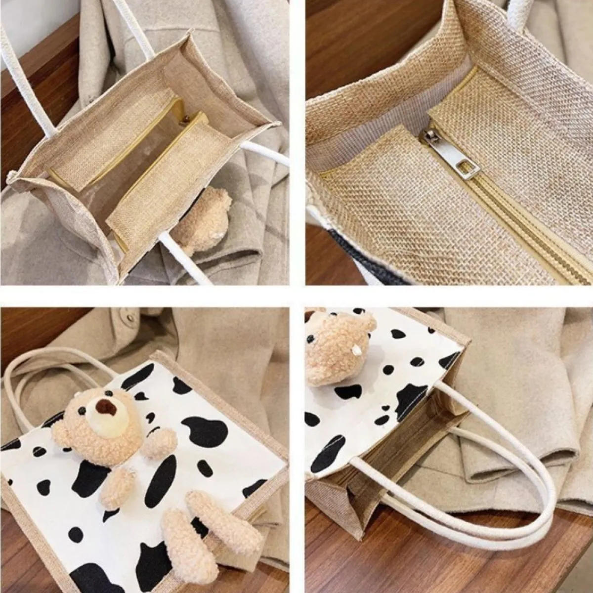 ženska lanena torba - cow and letters - slika 7