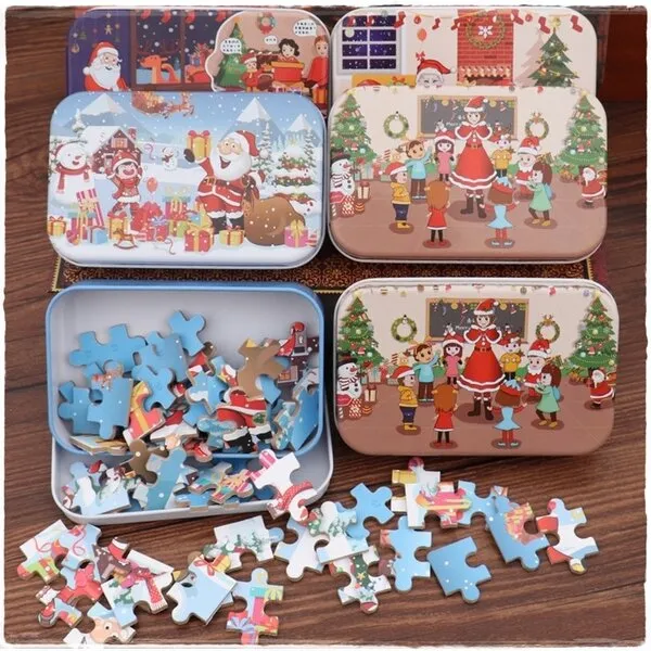 komplet 4 x drvene puzzle christmas u metalnoj kutiji - slika 6