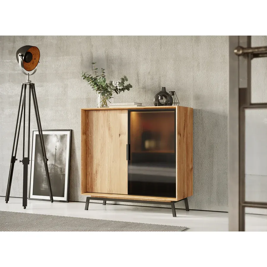 komoda modern loft 101x45cm sa staklom, materijal: masivno drvo hrast - slika 4