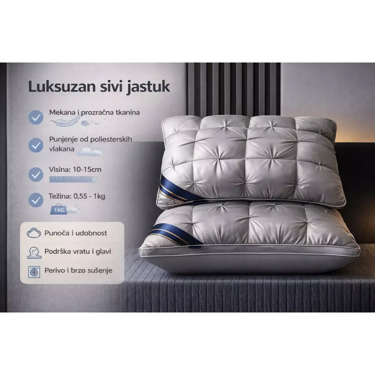 luksuzni sivi hotelski jastuk - 74x48 cm - slika 11