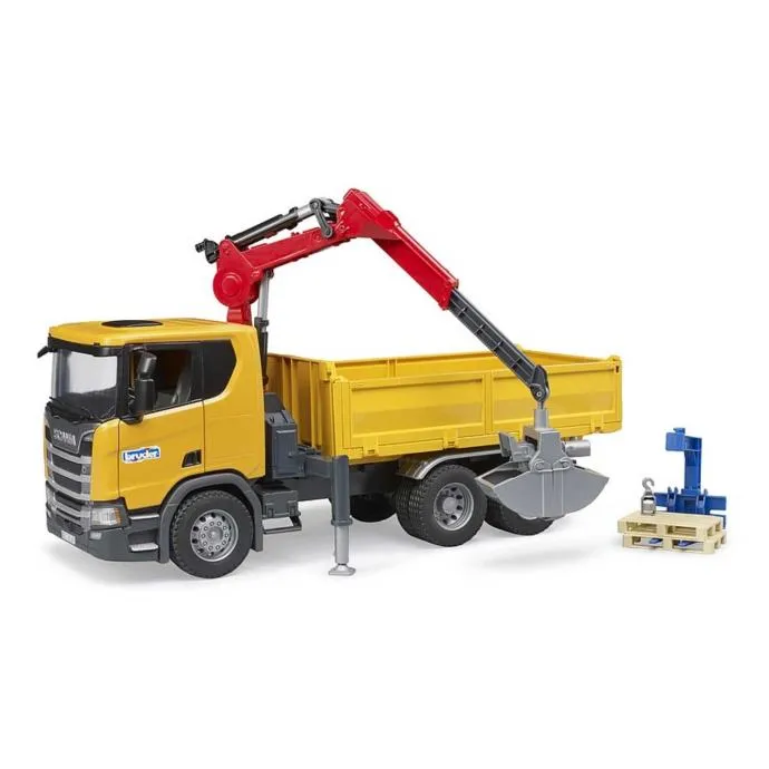 bruder kamion za gradilište scania super 560r sa kranom i 2 palete - slika 3